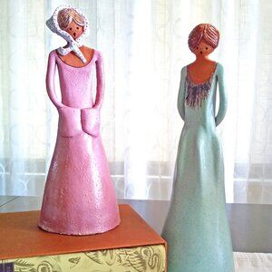 Unique Clay Art Singing Girl Figurines, Vintage 1970s